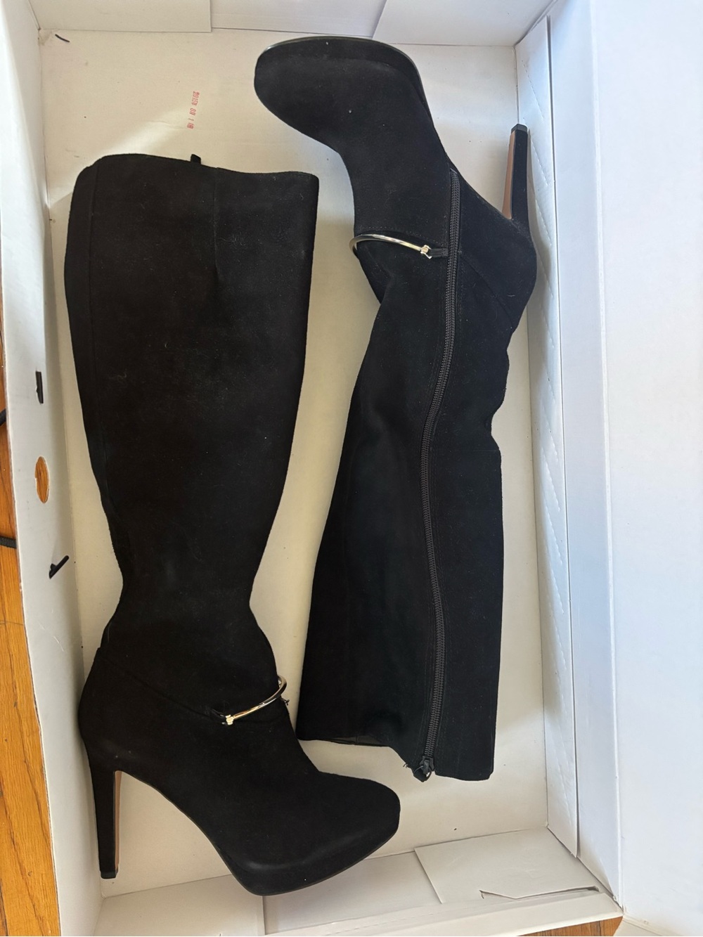Nine West Black Over-the-Knee Stiletto Boots with Gold Accent